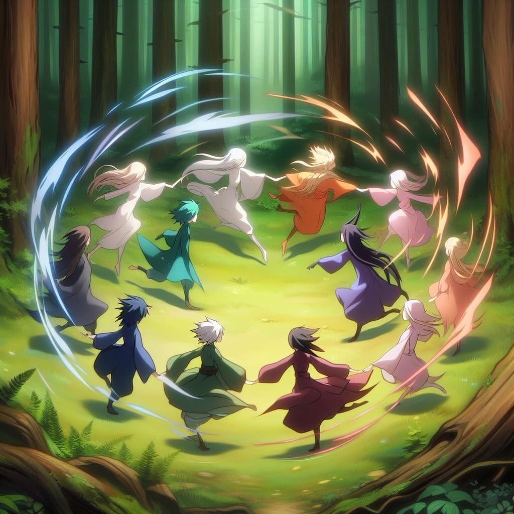 A group of twelve people, each embodying different character archetypes, in colorful robes form a circle, holding hands and dancing in a sunlit forest clearing, with swirling light trails around them.