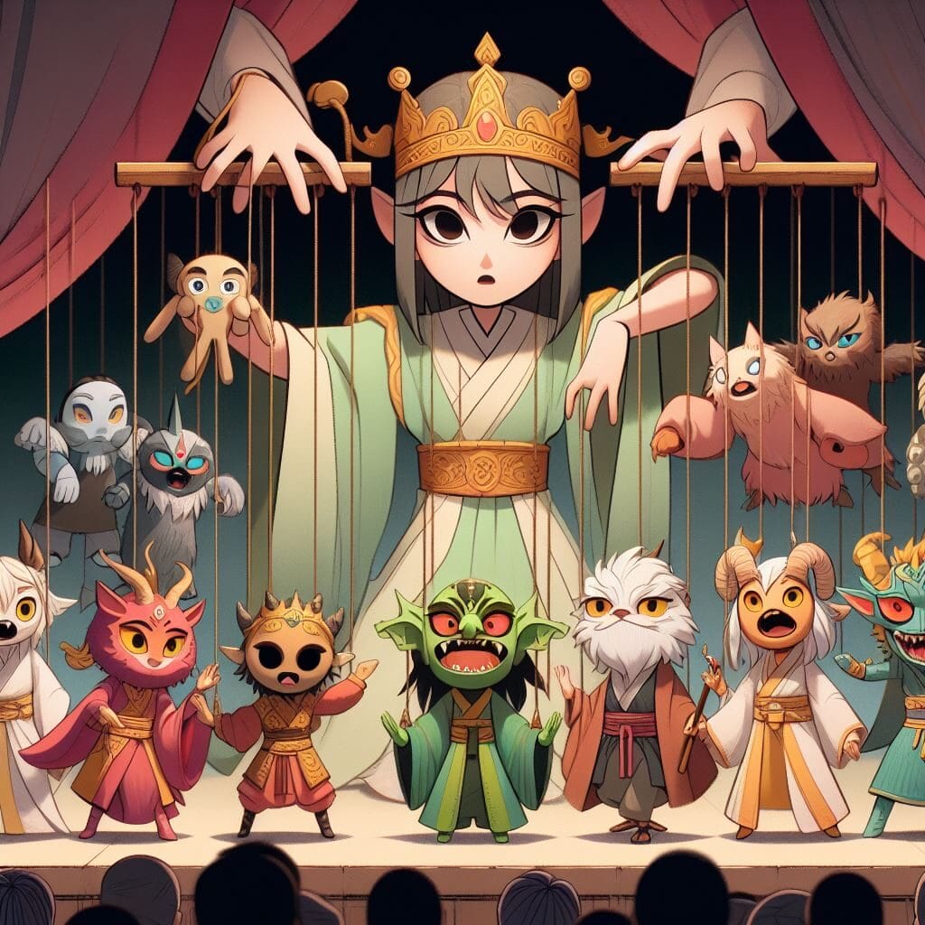 Arquetipos de Personajes: A person in a crown operates puppets on a stage, each puppet dressed as various fantasy character archetypes, while an audience watches.