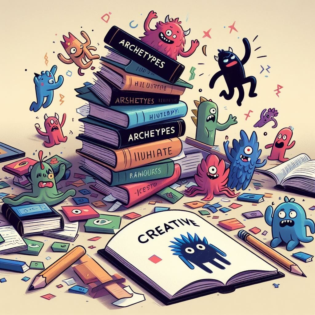 A chaotic scene with colorful cartoon monsters surrounding stacks of books labeled "Character Archetypes" and an open notebook marked "Creative," with pencils and papers scattered around.