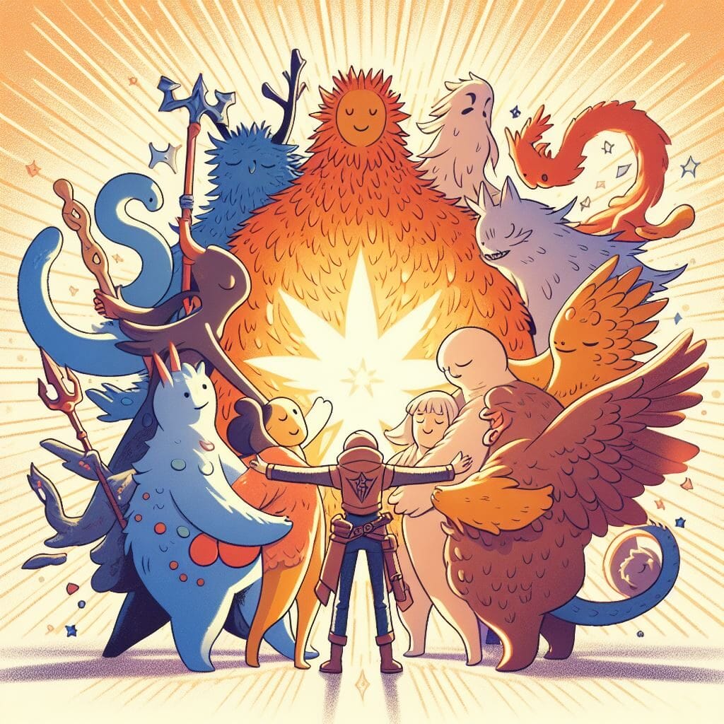 Arquetipos de Personajes:A group of fantastical character archetypes and two humans stand in a circle, reaching toward a glowing star at the center, radiating bright light and energy.